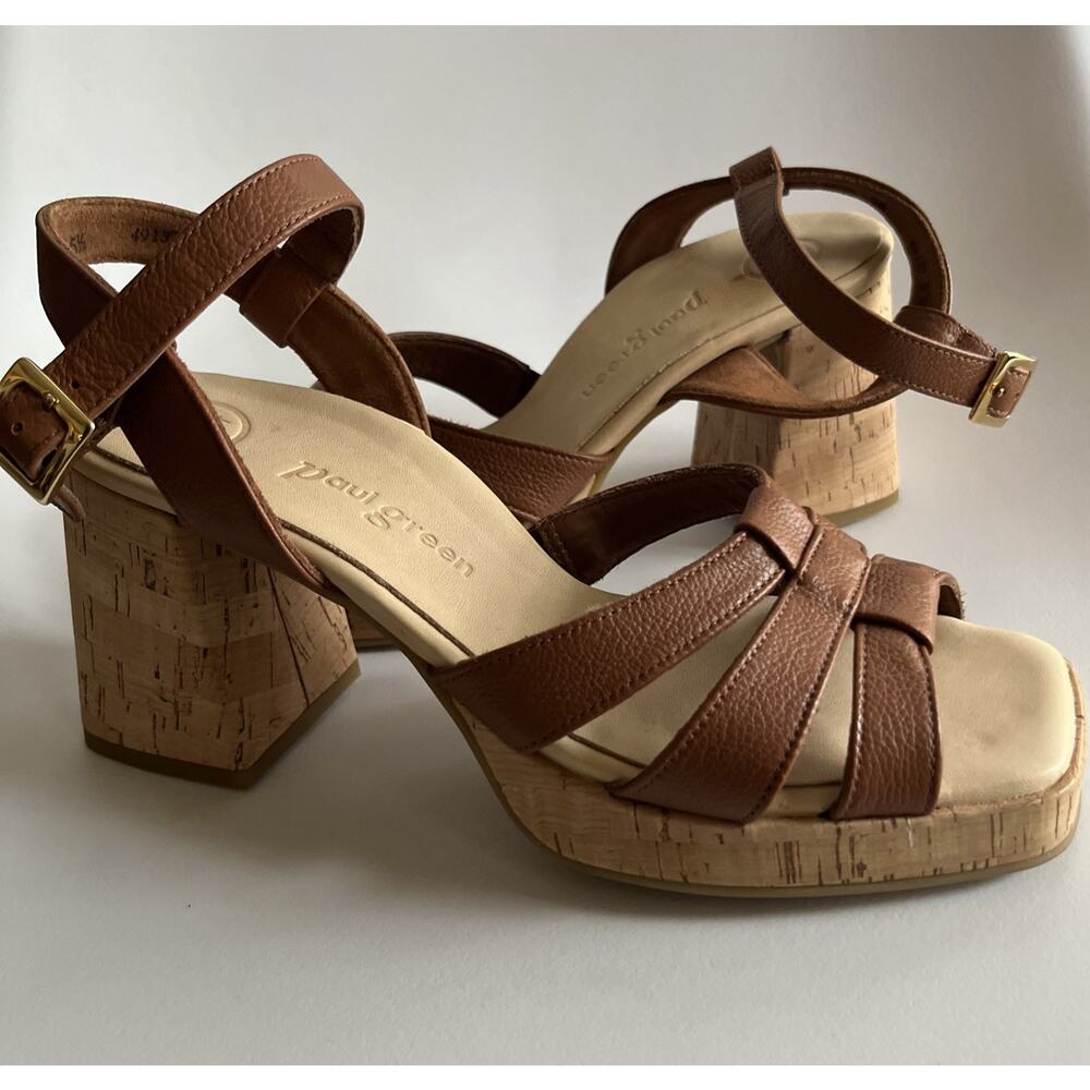 Paul Green Tina Fisherman Sandal Tan Leather Cork Heel Women’s 5.5AU US 8 New